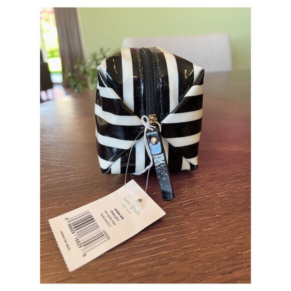 New Kate Spade Patent Leila Stripe Black and White Cosmetic Bag, 7” - Picture 4 of 8